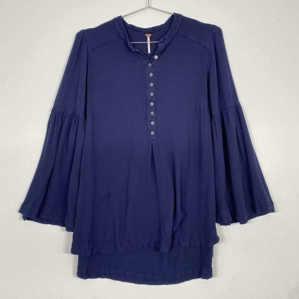 Free People Blouse Womens Large Blue Long‎ Bell Sleeve Henley Tunic Top Rayon